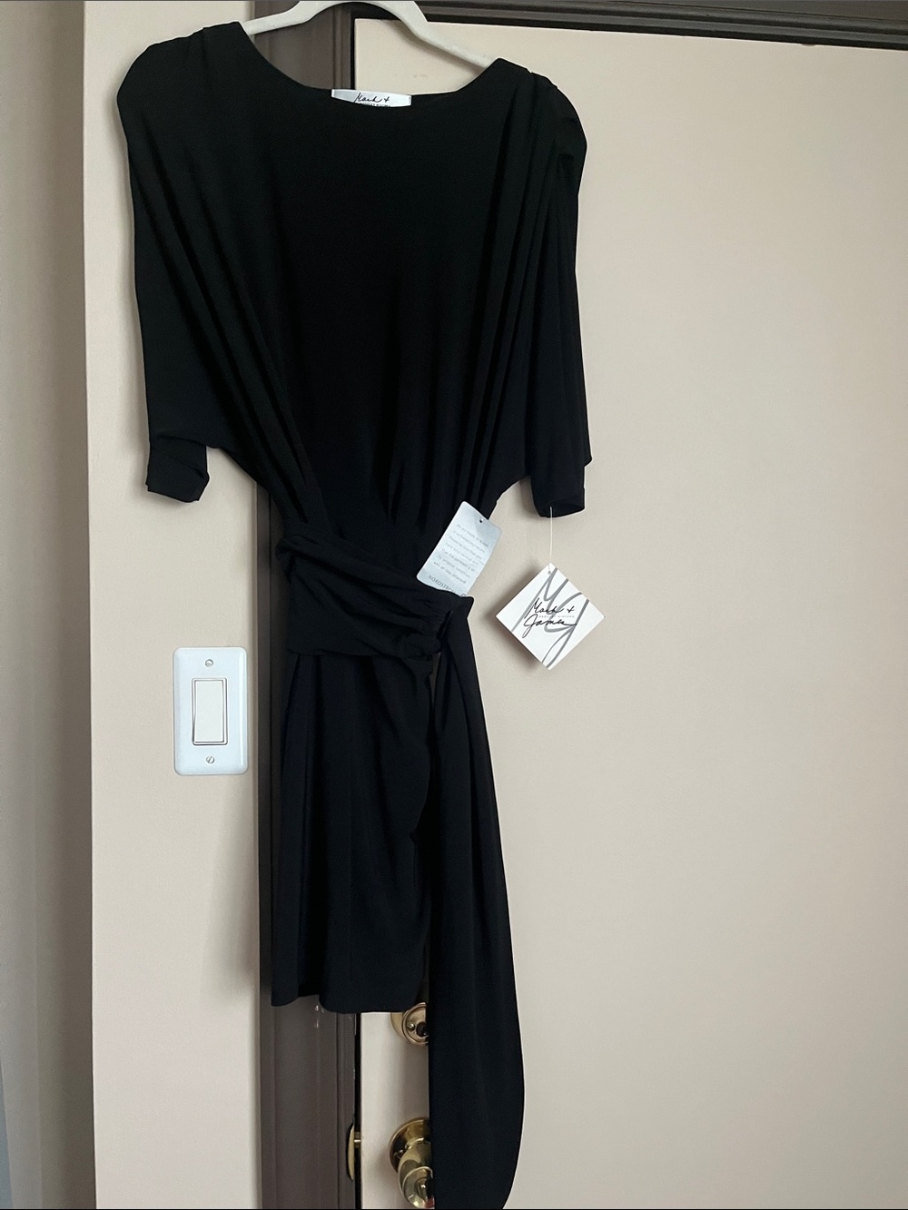 Badgley Mischka Black Midi Wrap Dress with Tie Waist